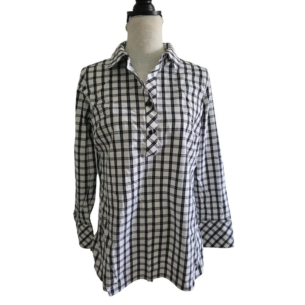 Talbots Womens Black White Plaid Non-Iron Popover Tunic Shirt Size 8 Long Sleeve
